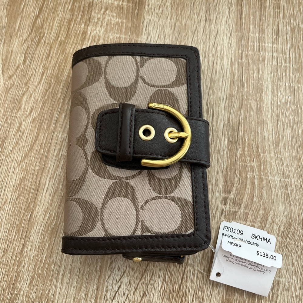 NWT Coach Khaki/Brown Small Buckle Folding Wallet